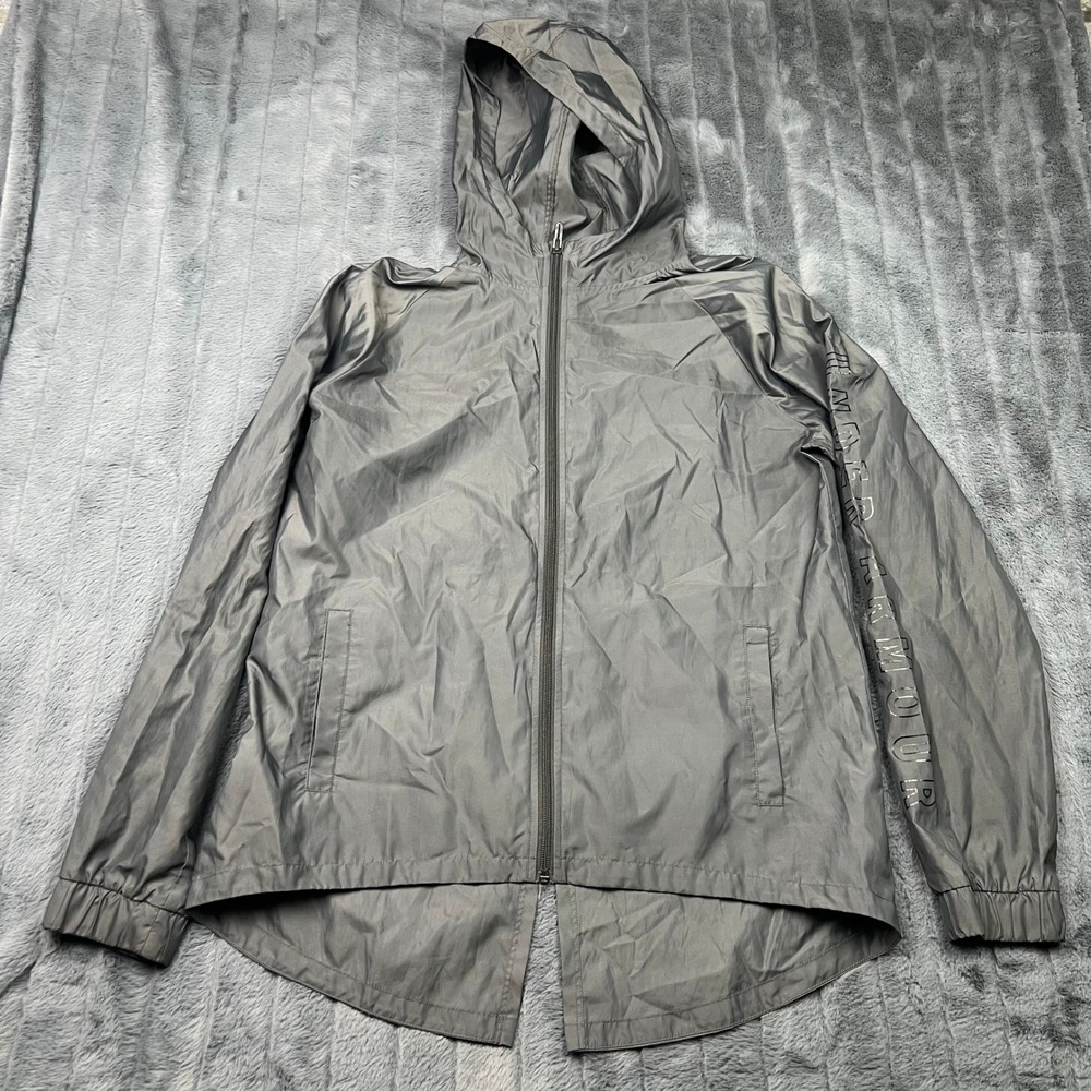 Under Armour Storm Windbreaker Jacket Gray Hooded Full Zip High Low Hem Mens M